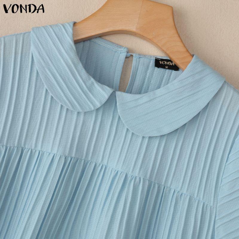 VONDA Summer Women Lapel Neck Solid Color Summer Short Sleeve Texture Casual Blouse Tops