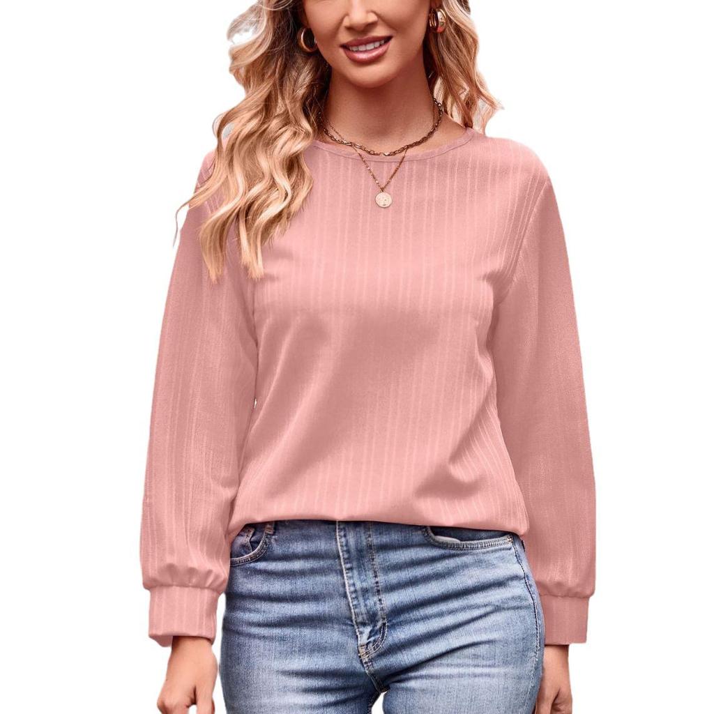 2024 Autumn Women's Solid Color Jacquard Long-Sleeve T-Shirt Europe and America
