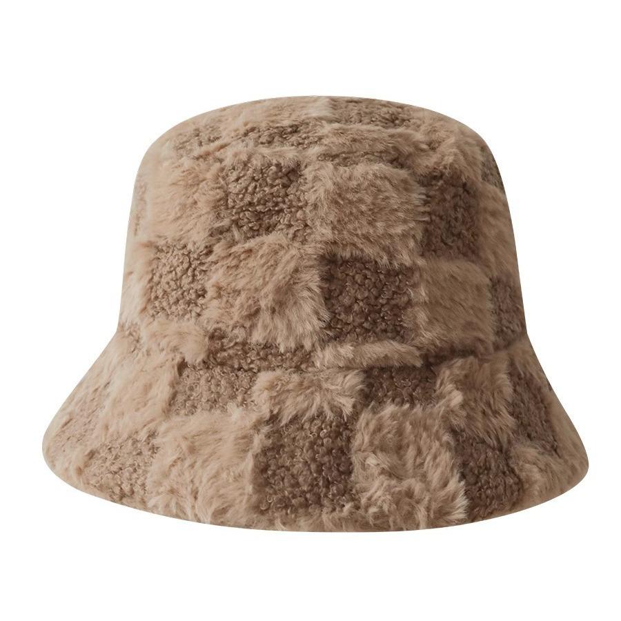 Winter Hat for Women Plush Warm Basin Hat Big Head Circumference Lamb Velvet Fisherman Showing Face Small Checkered Bucket Hat Trendy