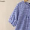 ZANZEA Women Plaid Print Casual Round Neck Half Sleeve Blouse