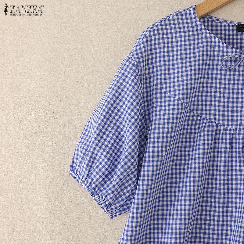 ZANZEA Women Plaid Print Casual Round Neck Half Sleeve Blouse