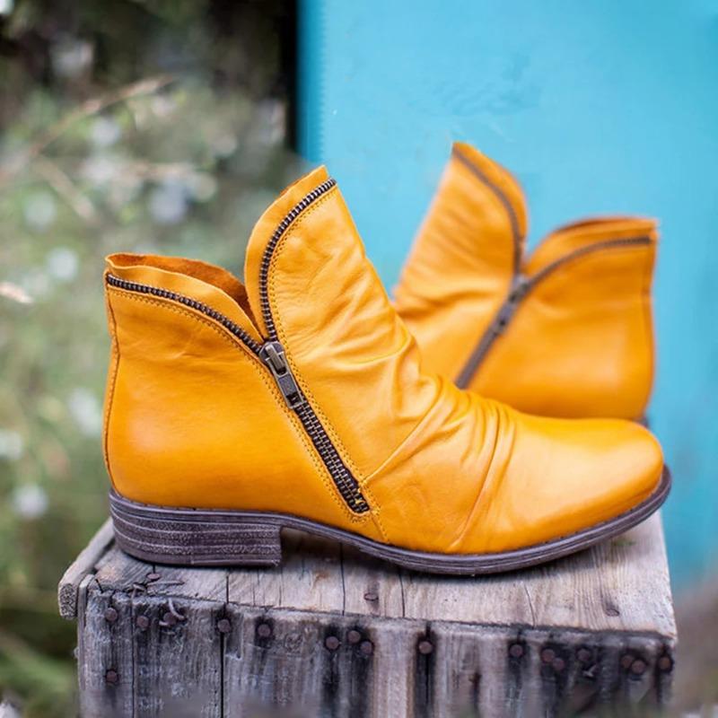 Women's round head artificial v-mouth women's leather boots side zipper Martin boots warm horseshoe heel women's shoes