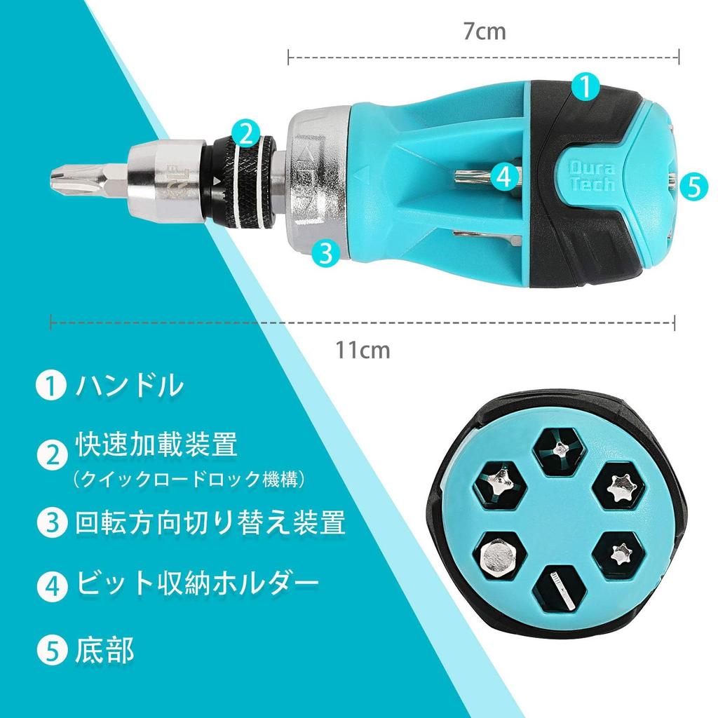 DURATECH Interchangeable Screwdriver Ratchet Quick Release Stubby Screwdriver Set, 12-in-1 Screwdriver, Type, 6-Bit Set,