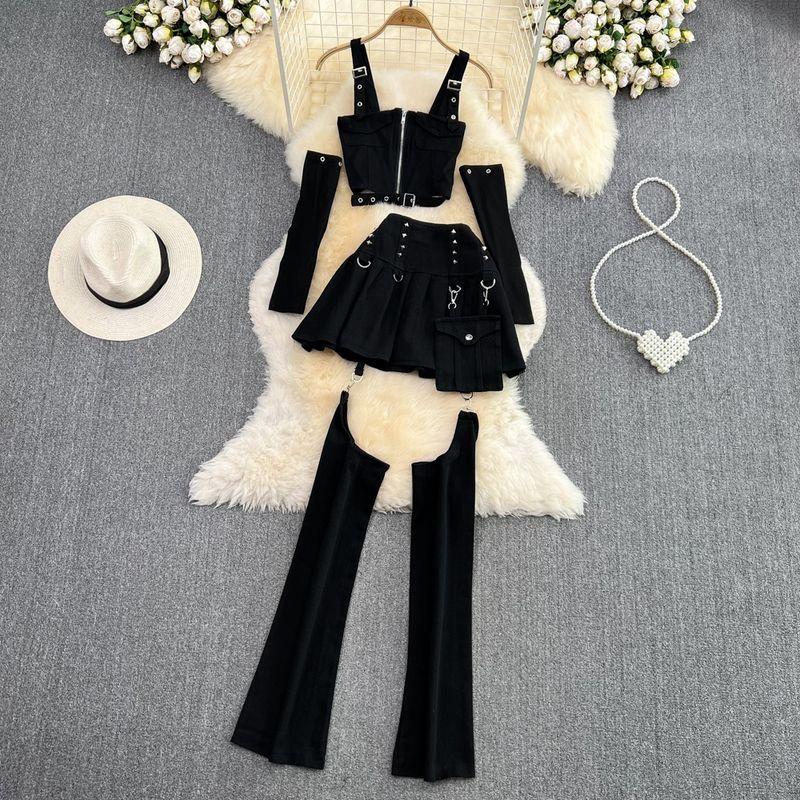 

Темный Деним с Заклепками Съемный Вырез Модный Костюм Black S