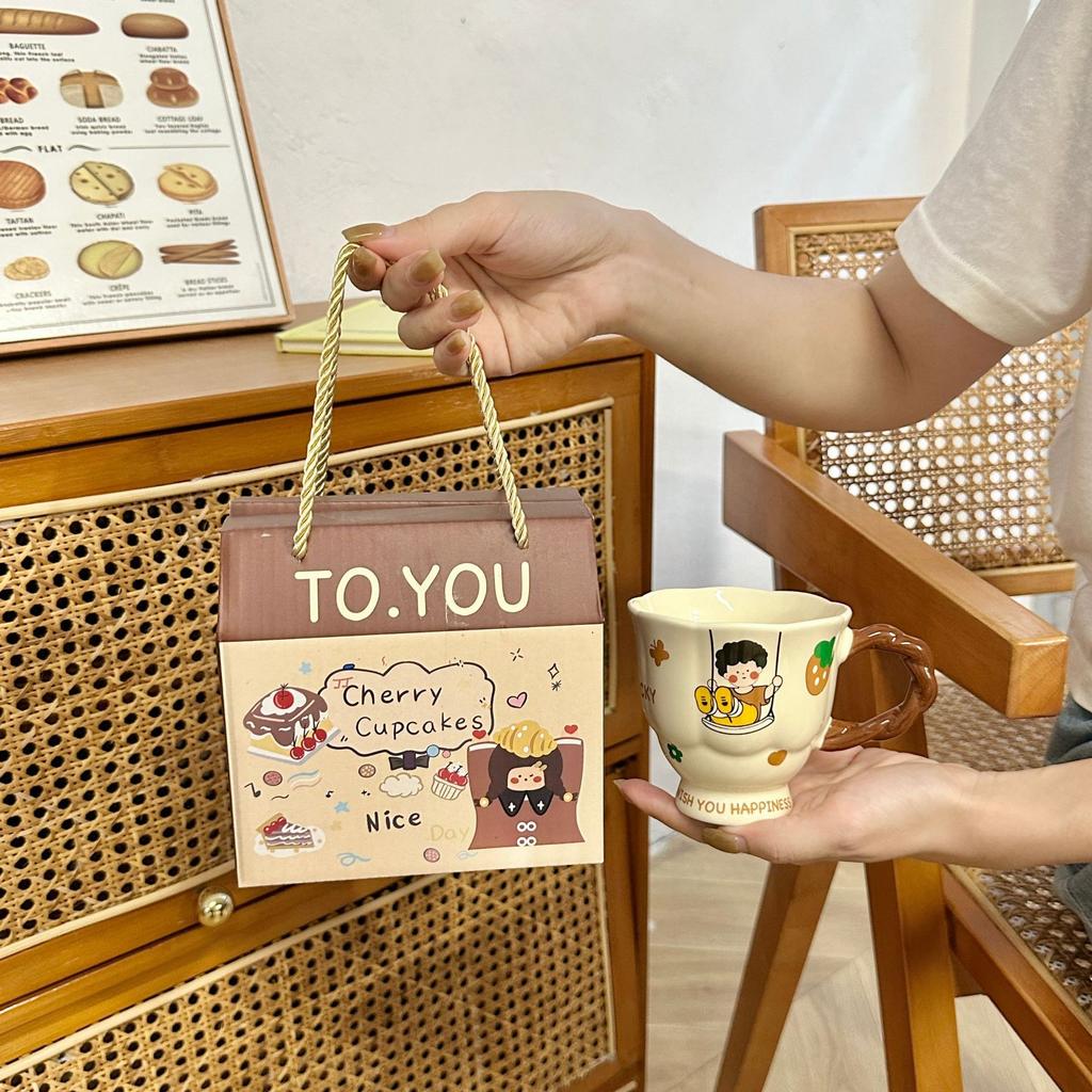Cartoon Boy and Girl Couple Ceramic Mug Souvenir High Footed Cup To Give Birthday Gift To Friends Best Friend Sisters