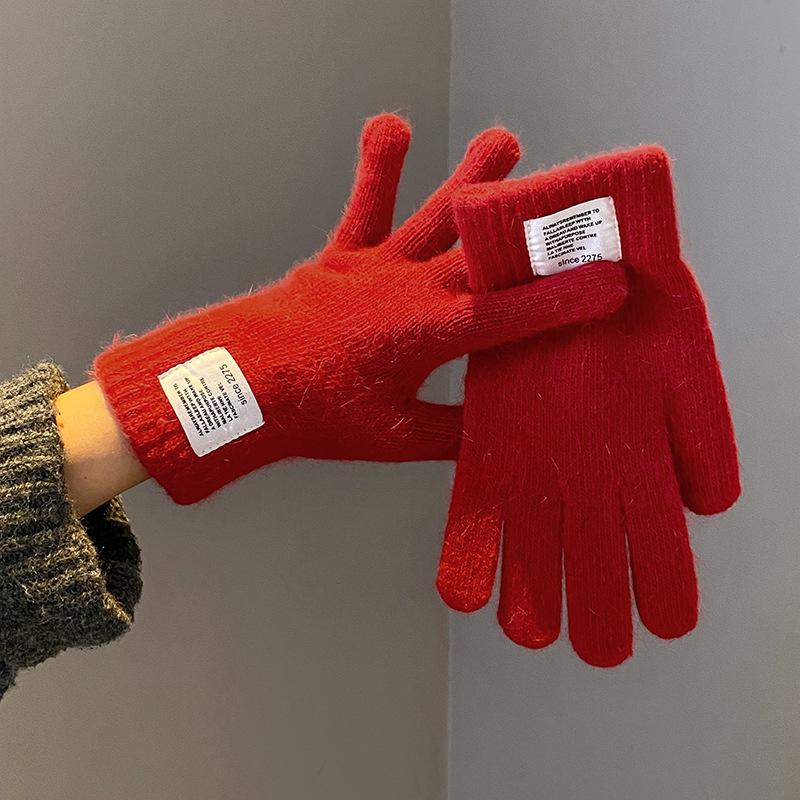 Women Gloves Knitted Solid Autumn Winter Hand Warm Thicken Short Wrist Female Full Fingered Mittens Winter Riding Skiing Mittens