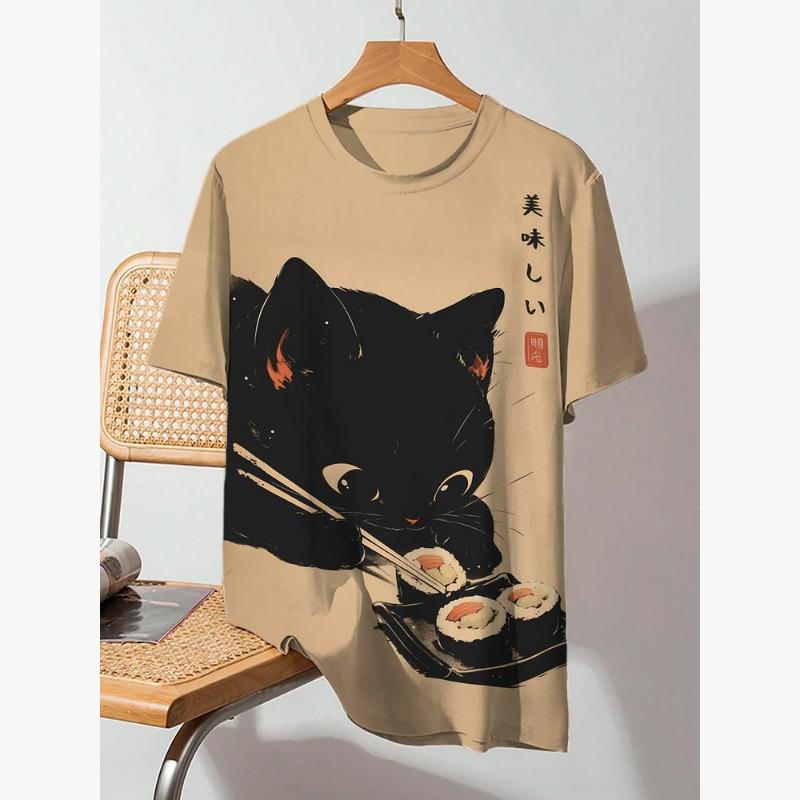 Letní pánské tričko Animal Cute Cat Print Crew Neck Krátký rukáv Tričko Street Trend Tops Nadměrné pánské oblečení Tričko pro muže