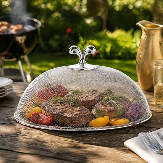 Durable Food Screen for Fruit Platters Stainless Steel Mesh Cover with Handle, Insect Control Sturdy Metal Covers Indoor Use Tent, Dome Guard