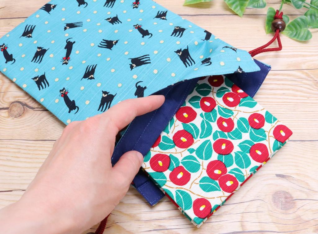 Kyosuke Made In Japan Drawstring Bag for Goshuincho Stamp 18 X Yumeji Black Cat Blue (Temple Book), Cotton, 26.5cm, Pouch/Case, Design,