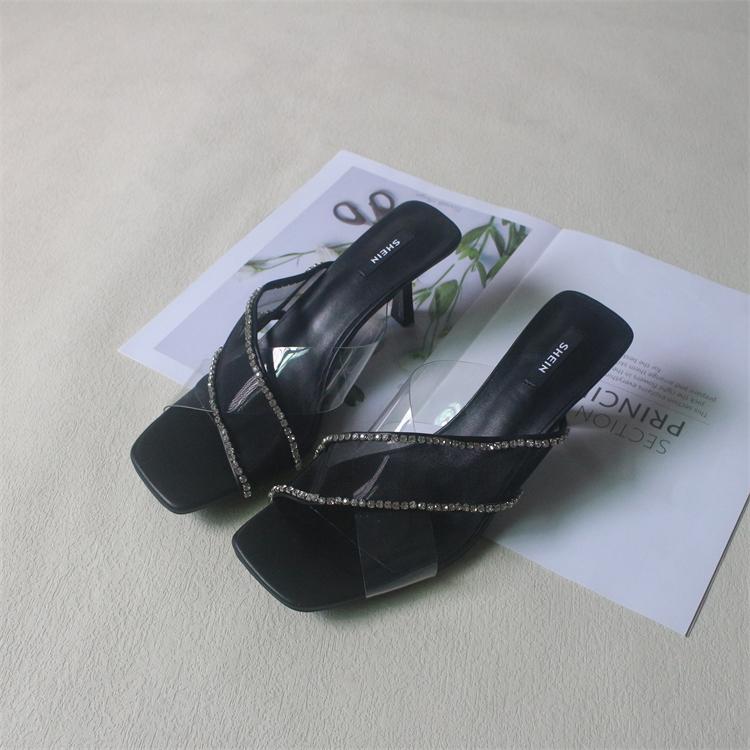 Fashion Big Size Shoes Ladies' Slippers Rubber Flip Flops Square Toe Thin Heels Heeled Mules Slipers Women Glitter Slides Hawaiian High