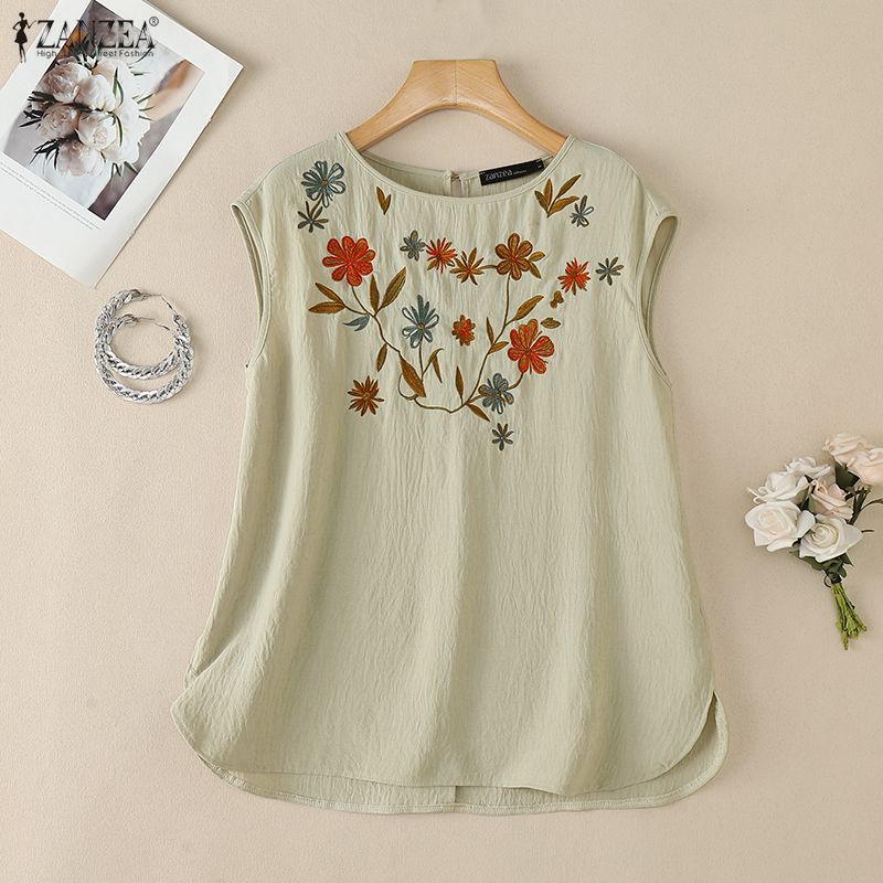 ZANZEA Women Casual Round Neck Floral Print Loose Sleeveless Tank Tops