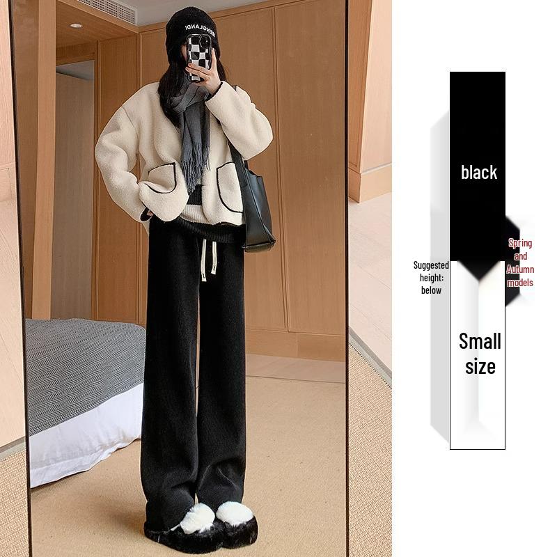 Women's High-Waisted Black Fleece-Lined Floor-Length Pants - 145cm, Straight-Leg/Narrow/Wide-Leg, Autumn/Winter, Petite 150