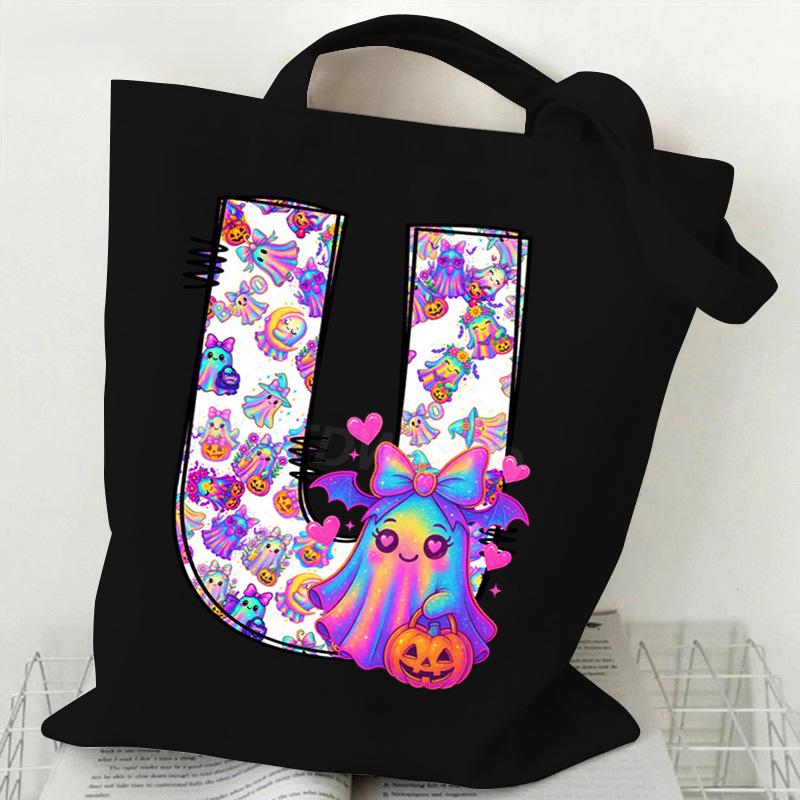 Halloween Alphabet Canvas Bag Going Out Portable Handbag Women's Large Capacity Casual Shoulder Crossbody Bag