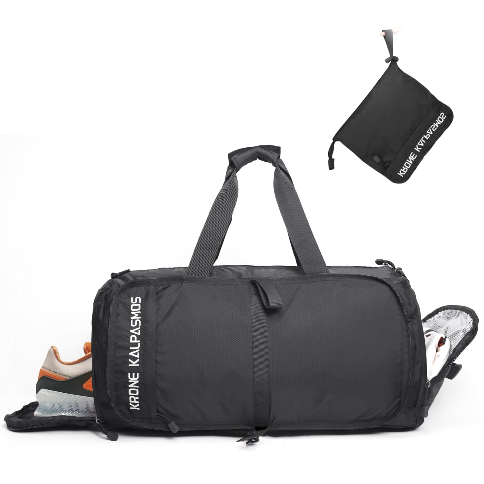 

Krone Kalpasmos Foldable Gym Bag for Men, Waterproof, with Shoe Compartment, Small Boston Bag for Travel, Gym, Fishing, and Pool (Black)