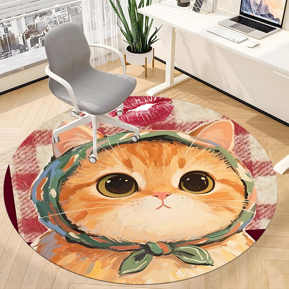 1PC Cat Scarf Office Round Area Rug, Mat Suitable ForOffice, Under Office Chairs Bedroom Living Room Home Decor, Room Deco
