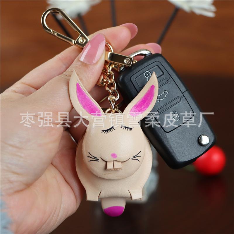 The First Layer Of Cowhide Bunny Pendant, Car Keychain, Leather Rope, Bag, Pendant, Accessories, Zodiac Gifts.