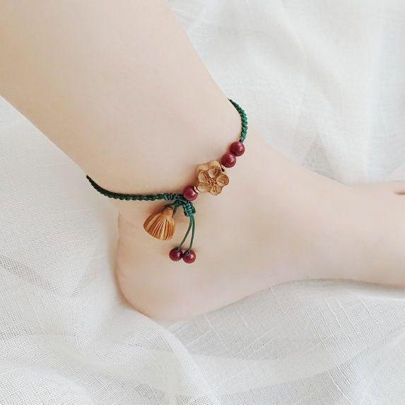 Ethnic Style Peach Wood & Cinnabar Red Rope Anklet with Lotus Pod Design - Women's Braided Rope Lucky Charm Gift.