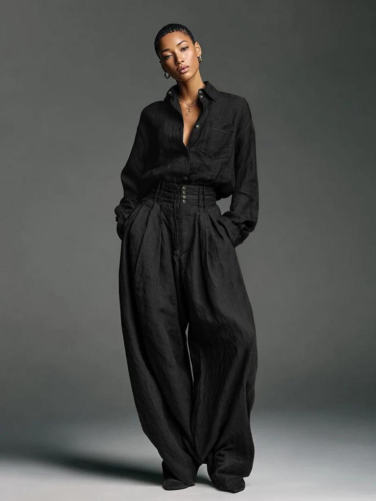 Euro-American Women's Retro Linen-Style Two-Piece Set: Long Sleeve Cardigan & Loose Pants 3057