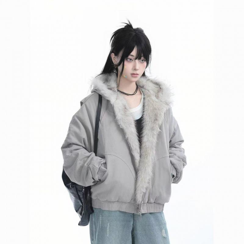 Vintage Damen Street Letter Langarm Kapuzenpullover mit Fellkragen Reißverschluss Y2K Retro Jacke Harajuku Punk Mode Frühling
