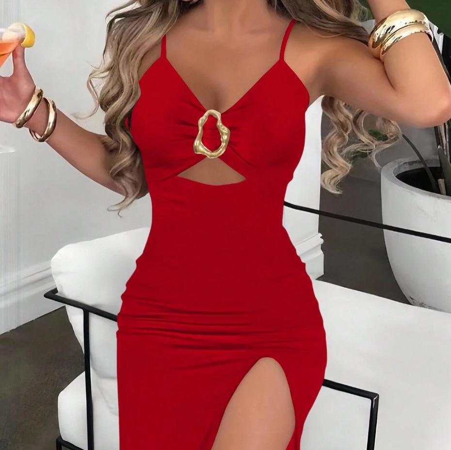 New European and American Sexy Hollow Hip Wrap Sleeveless Split Slim Hip Wrap Suspender Dress