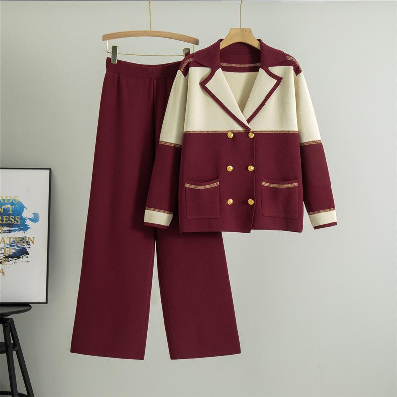 

Женская мода повседневная весна осень цветные блоки принт длинный рукав поло воротник брюки костюмы Size: One Size бордовый