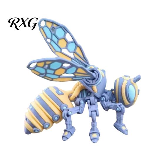 Creative Bookshelf Decoration 3D Printed Articulated Bee Figurine, Flexible Joint Fidget Toy with Keychain, Mechanical Futuristic Desk Accessory
