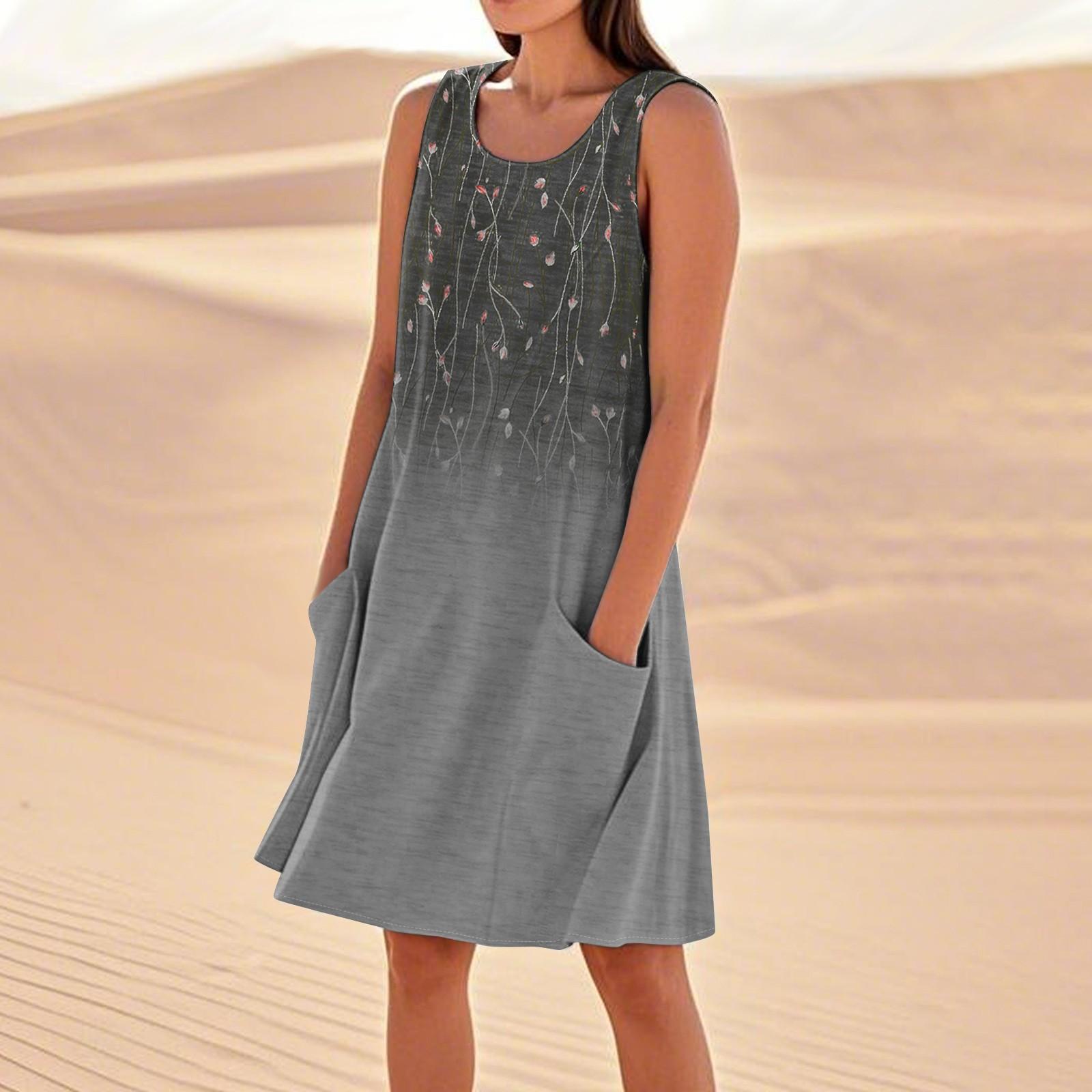 

Летние платья для женщин, свободные пляжные повседневные сарафаны без рукавов с карманами, платье-майка XL чёрный