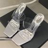 Eilyken New Design Crystal Wedges High Heels Women Slippers Fashion PVC Transparent Square Toe Banquet Slide Shoes