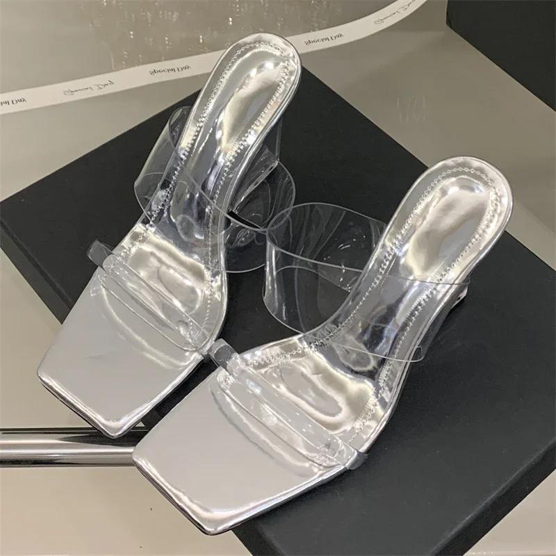 Eilyken New Design Crystal Wedges High Heels Women Slippers Fashion PVC Transparent Square Toe Banquet Slide Shoes