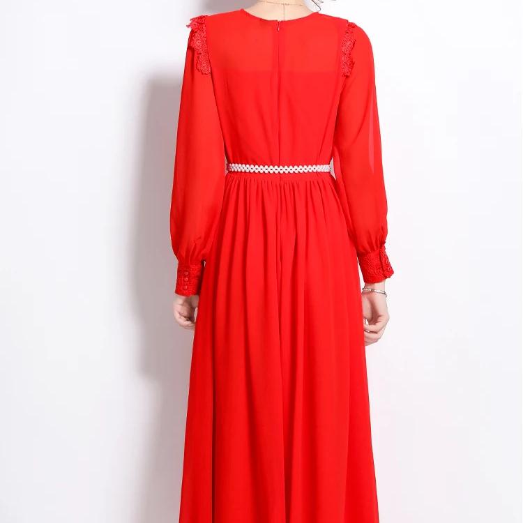 Elegant Autumn Chiffon Patchwork Lace Hollow Out Long Dress For Women O  Neck Lantern Sleeve Black Pearl Belt Party Robe Clothes – buy the best  products in the Ayzeze online store