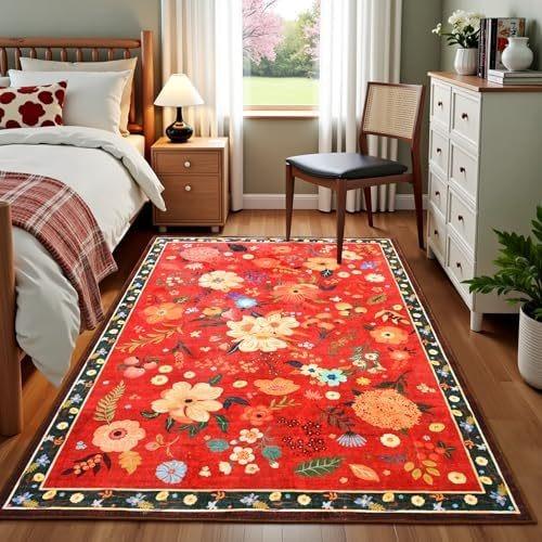 Tappeto Floreale Rosa Fiori Stampati Lavabile Piccoli Tappeti con Supporto per Decorazione Camera da Letto Bambina Area Giochi Bambini Tappetino Antiscivolo