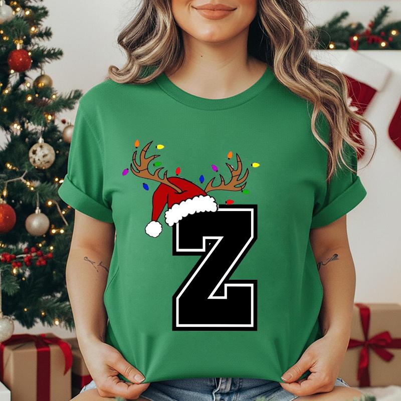 Unisexs Tshirt Christmas Alphabet Fashion Print Tshirt Short Sleeve Fashion Street Top Santa Hat Reindeer Christmas Party Top