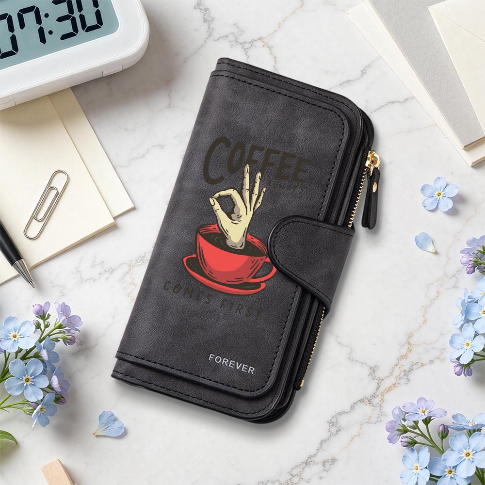 Coffee Pattern Long Wallet Portable Stylish Card Case Casual Daily Coin Purse