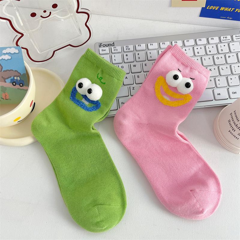 3 Pairs Women's Spring Summer New Cotton Socks Cute Cartoon Ugly Cute Little Eyes MidTube Pile Pile Socks Sweet Style Kawaii