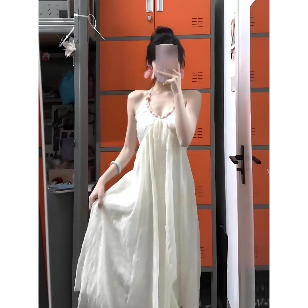 On the Run Princess Dress Luoyue Flower God Solid Color Big Halter Neck Suspender Dress Women's Casual Strap Long Dress