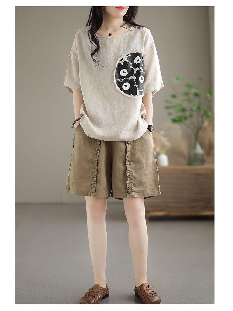 Women's Retro Pleated Cotton-Linen Harem Shorts – Casual, Loose, Elastic Waist for Spring/Summer