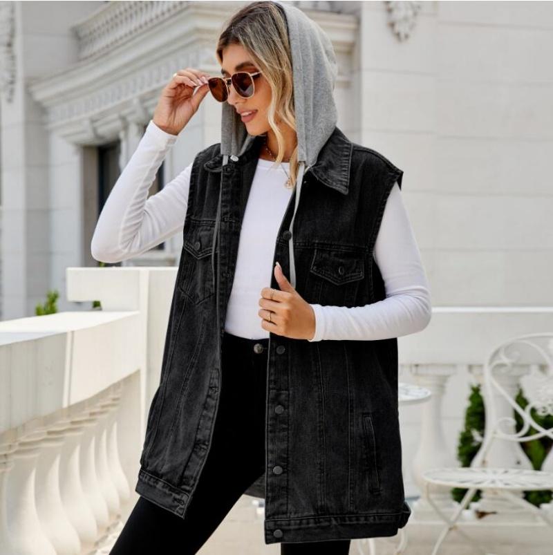 Fashion 2024 Fall Winter New Women's Sleeveless Long Denim Vest Fashion Loose Detachable Hooded Jeans Jacket Coat Casual Clothing S-XL