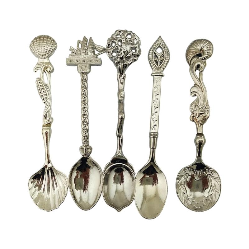 Retro Art Embossed Alloy Spoon Set 5Pcs Kitchen Utensils Durable Alloy Tableware Collection For Dining Elegances