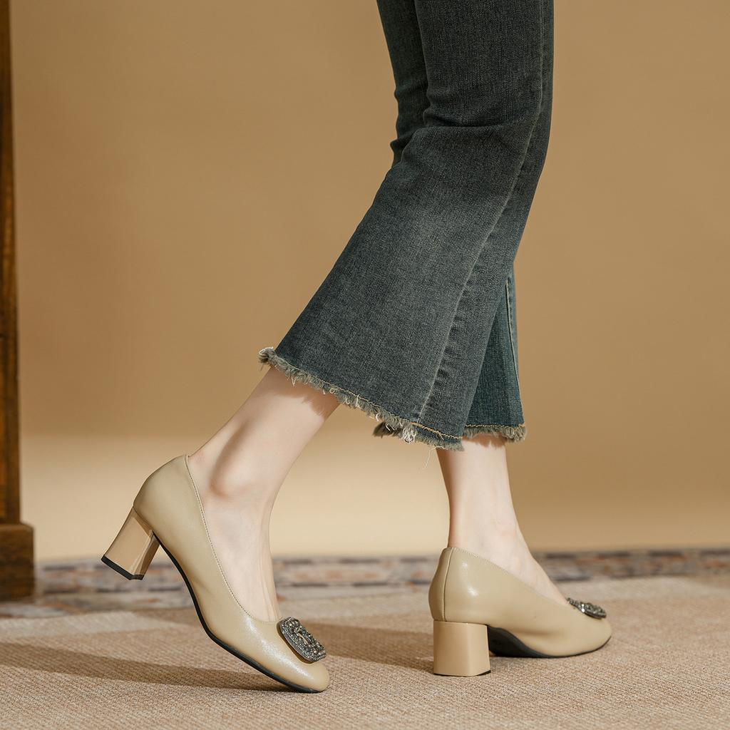 Leather French thick heel high heels women's fashion versatile rhinestone square buckle occupation commuter work low heel square head single shoes