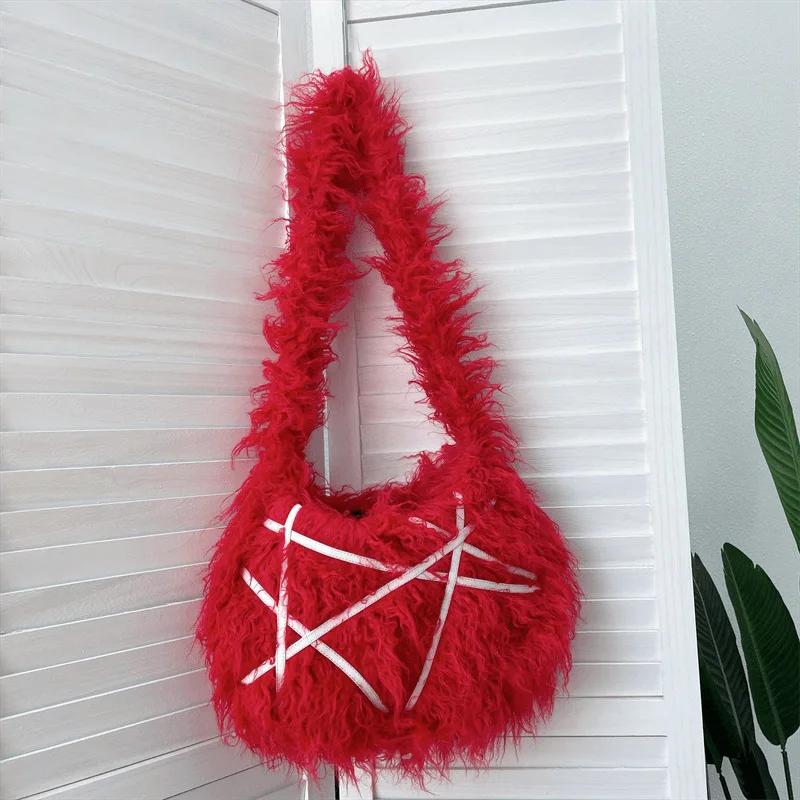 

Millennium Y2K Faux Fur Crossbody Bags Designer Fluffy Plush Women Bag Spice Girl Style Shoulder Bag Sweet Girls Soft Tote Chic