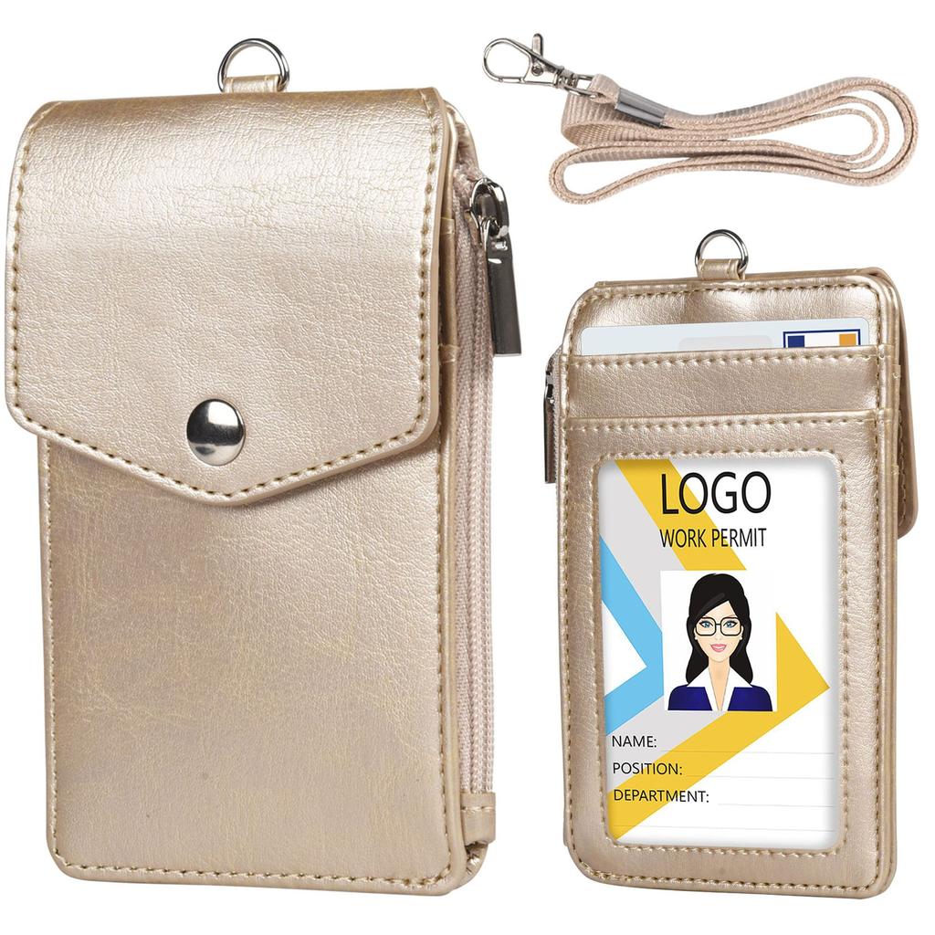 Multi-card Slot Student ID Credit Card Badge Cover PU Leather Work Card Holder Coin Zipper Bag Card Sleeve Wallet with Lanyard