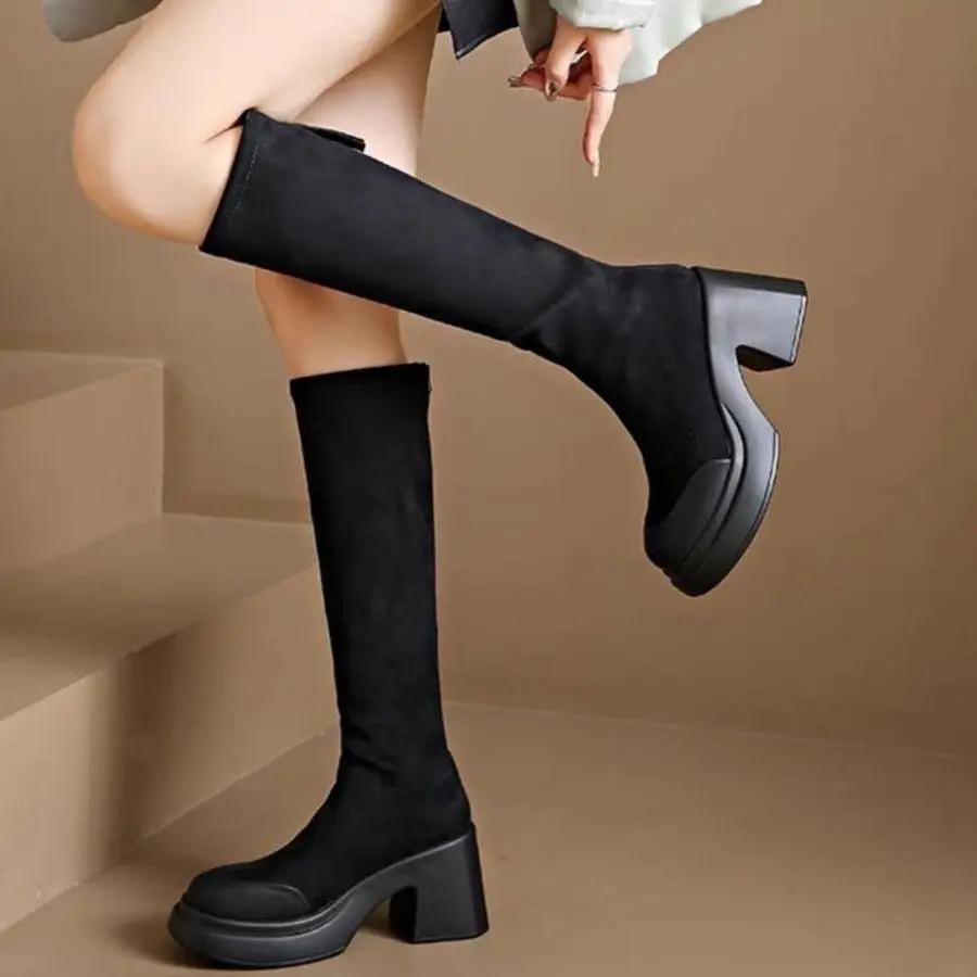 

Меховые высокие каблуки женские длинные сапоги на платформе элегантные каблуки женские туфли выше колена с круглым носком распродажа весна осень горячие 35