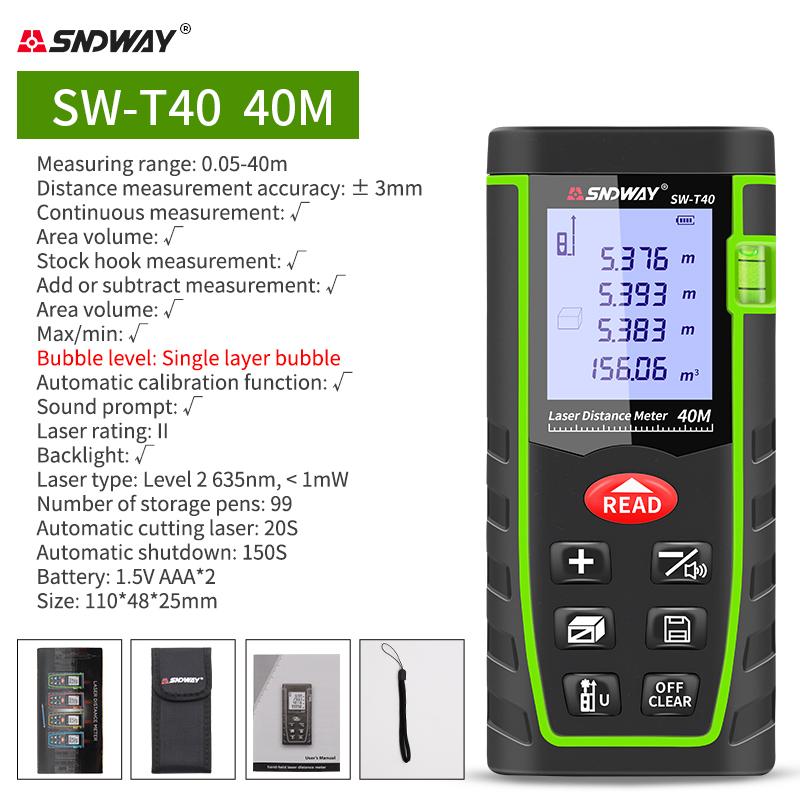 SNDWAY Laser Distance Meter 40M 60M 80M 100M 120M Rangefinder Trena Digital Range Finder Tape Measure Device Ruler Test Tool