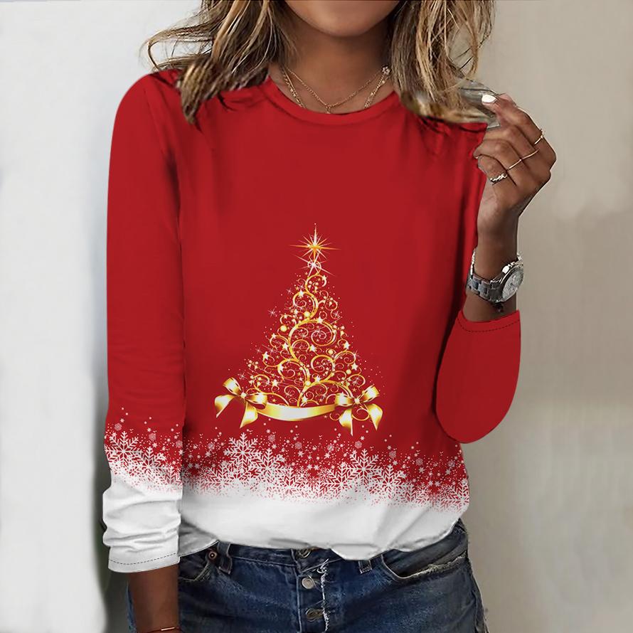 2025 Autumn & Winter Women's New Casual Crew Neck Long Sleeve Top 3D Christmas Pattern Ideal Halloween Christmas Gift