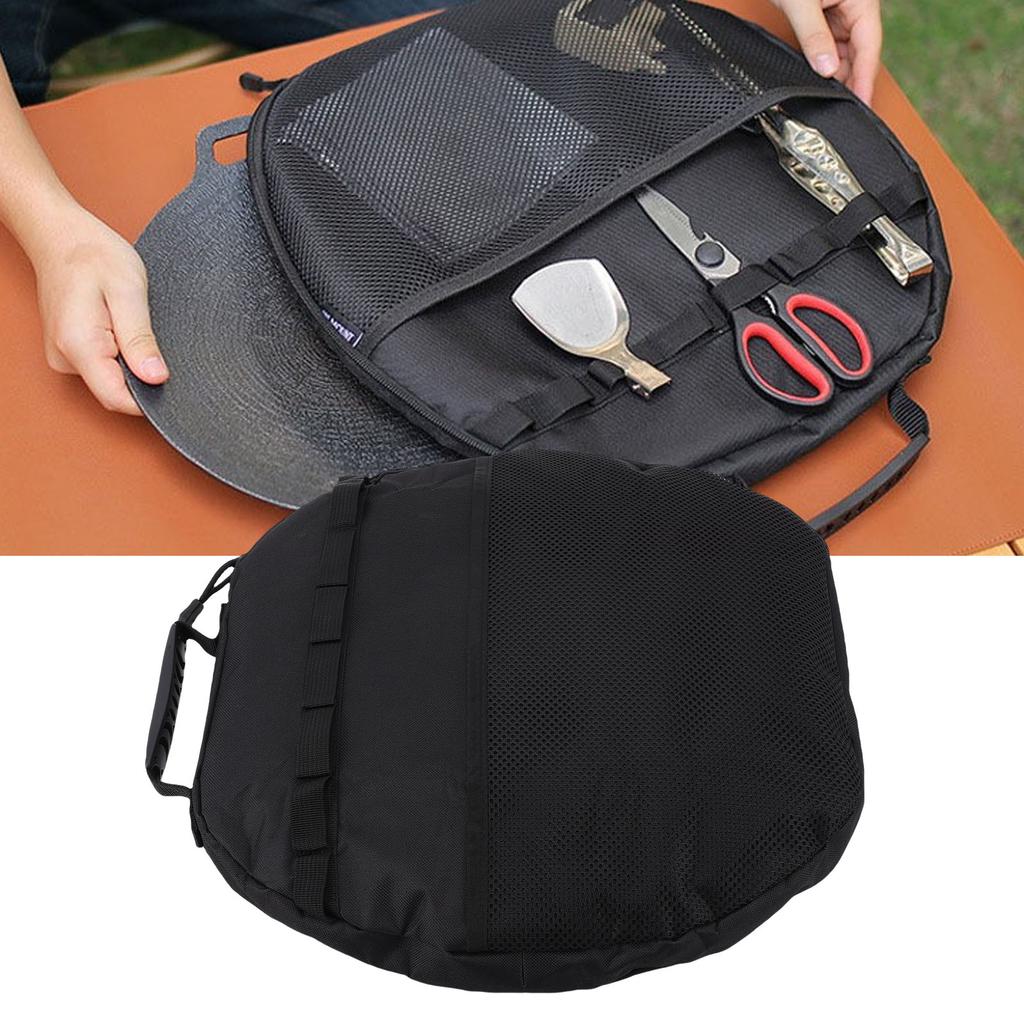 Grill Pan Storage Bag Oxford Cloth Portable Round BBQ Griddle Storage Pouch Camping Skillet Bag with Handle for Outdoor Cooking Picnic