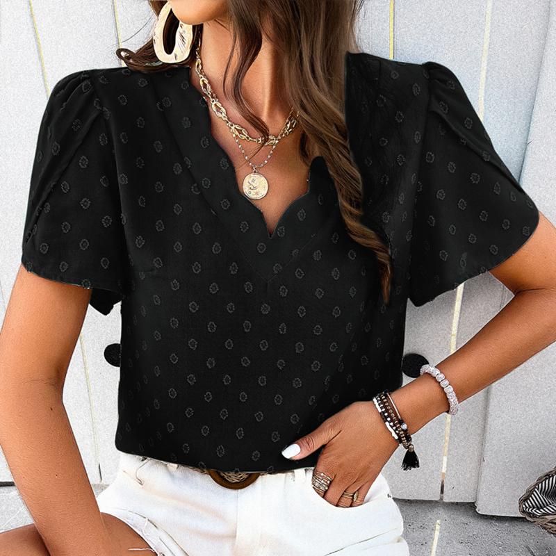 Ladies Summer Ruffles Short Sleeve V Neck Solid Color Jacquard Pullover T Shirt Top