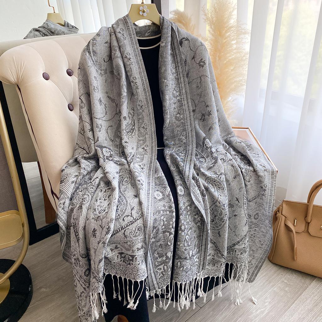 Luxury Winter Women's Cashmere Scarf - Printed Tasseled Embroidered Shawl, Warm Pareo Cape & Elegant Poncho