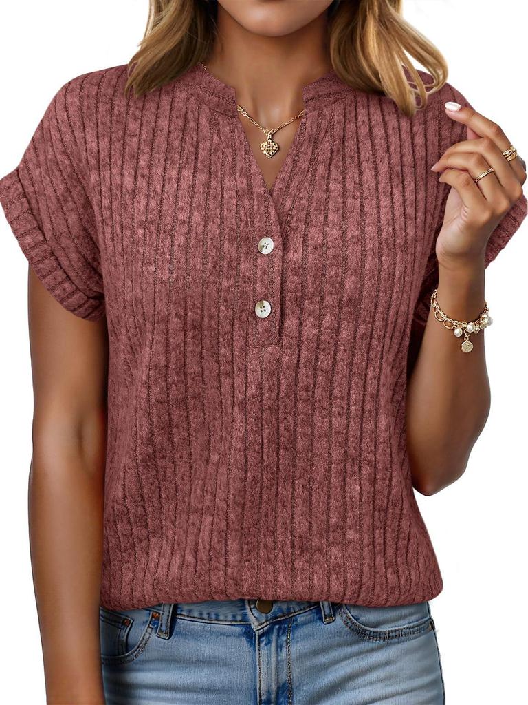 2026 Spring/Summer Casual Brushed Ribbed V-Neck Batwing Short-Sleeved Women's Top