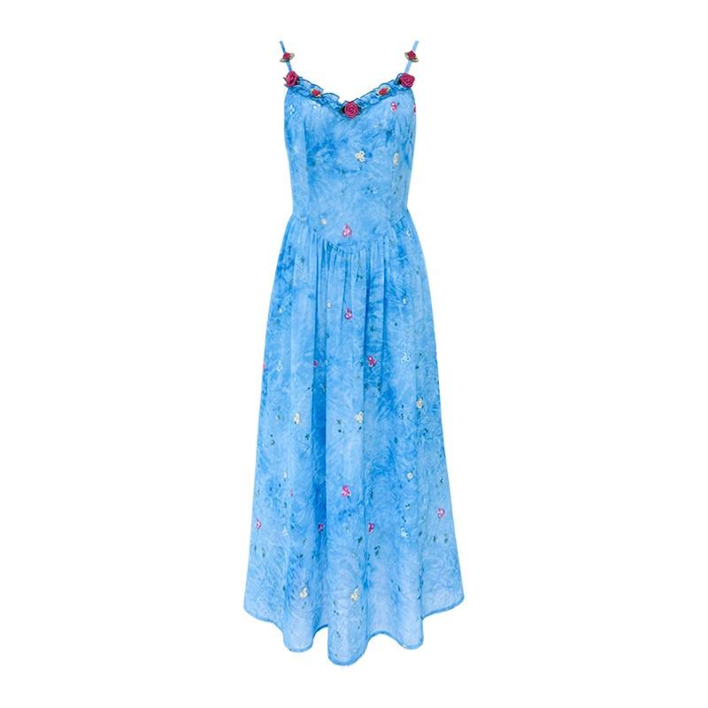 Blue Floral Slip Dress: Light Luxury, High-End Summer Style, Super Beautiful