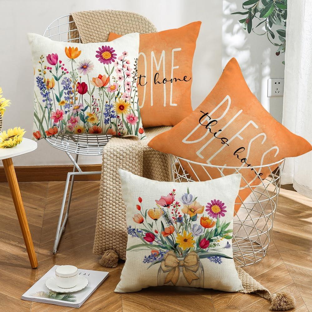 Colorful Floral Home Blessing Pillow CoversLiving room sofa cushion cover, soft and comfortable, bedroom room decoration